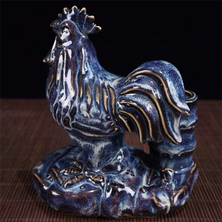 复古做旧古玩工艺品批发 探秘窑变蓝釉锦鸡图纹笔筒摆件
